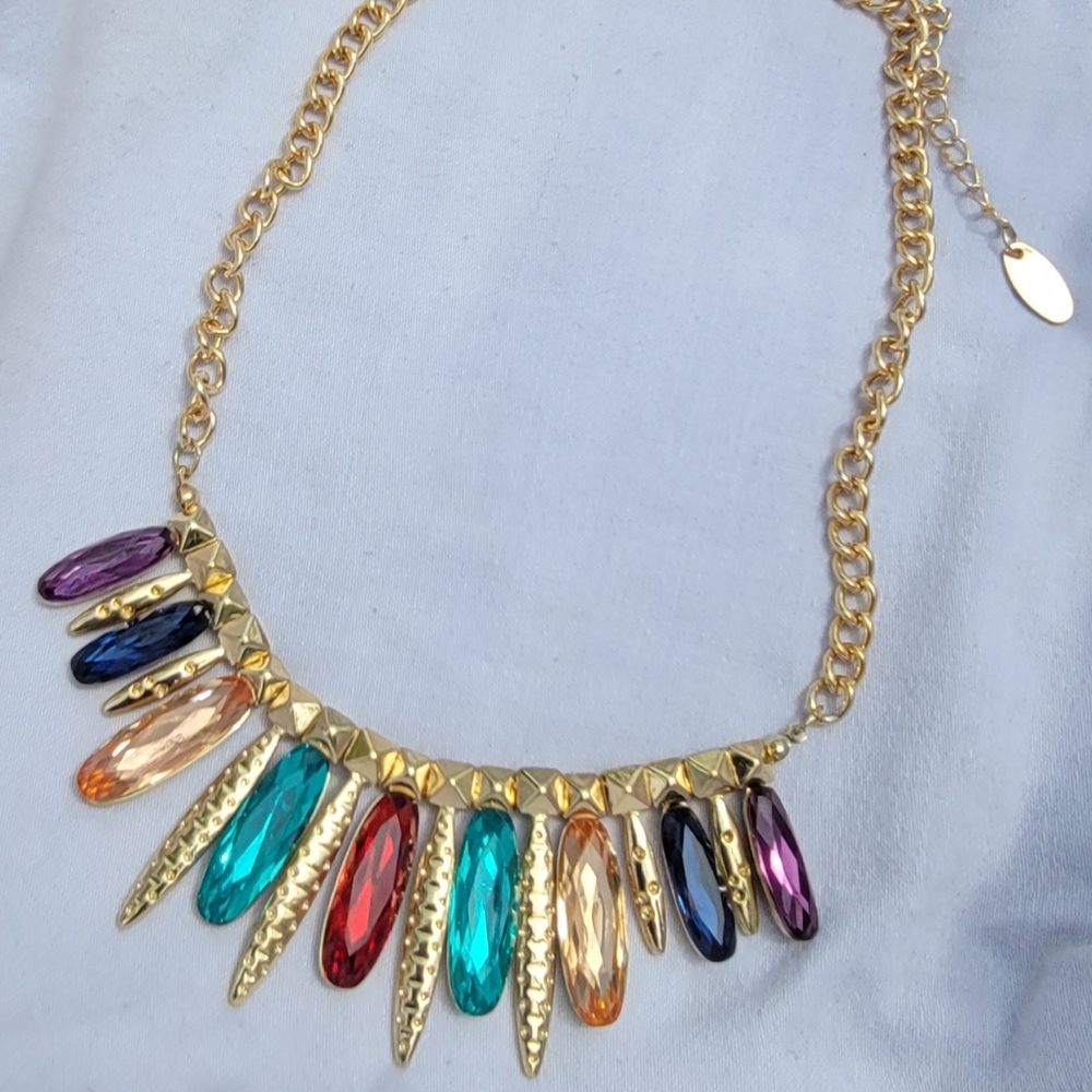 Gold-Toned Vibrant Multicolored Faux Gemstone Necklace - Picture 2 of 8